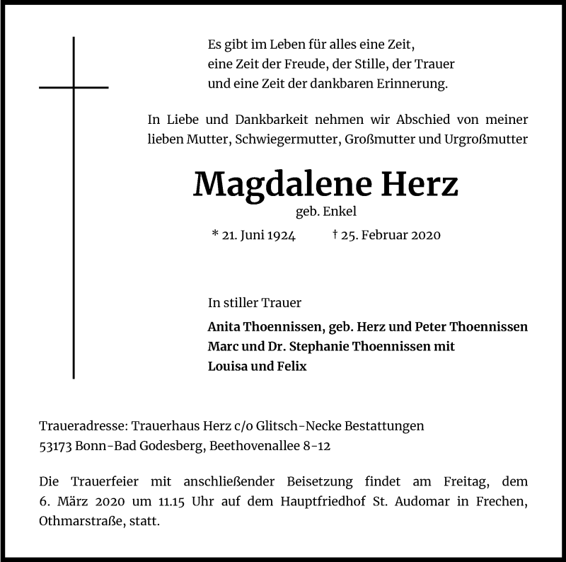  Traueranzeige für Magdalene Herz vom 29.02.2020 aus Kölner Stadt-Anzeiger / Kölnische Rundschau / Express