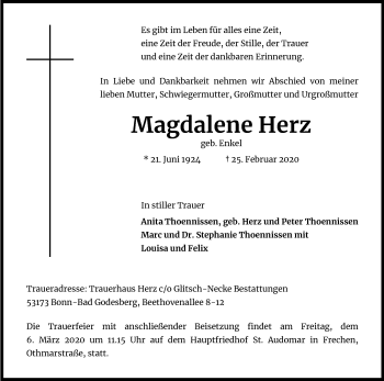 Anzeige von Magdalene Herz von Kölner Stadt-Anzeiger / Kölnische Rundschau / Express