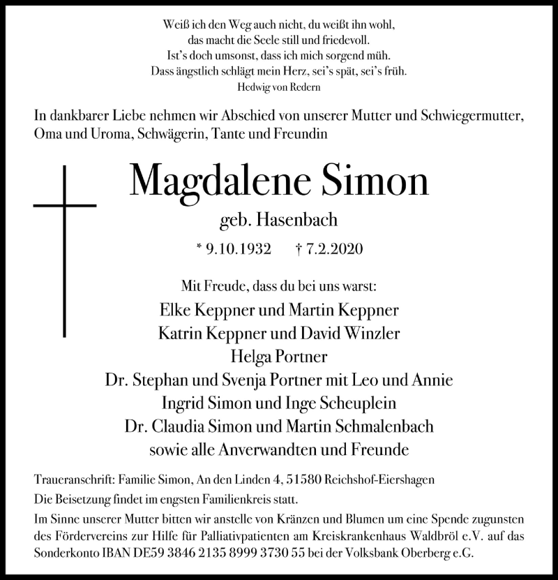  Traueranzeige für Magdalene Simon vom 12.02.2020 aus  Lokalanzeiger 
