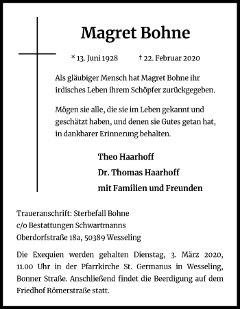 Anzeige von Magret Bohne von Kölner Stadt-Anzeiger / Kölnische Rundschau / Express