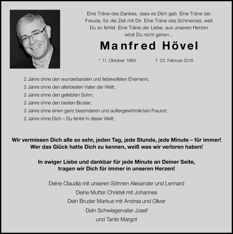  Traueranzeige für Manfred Hövel vom 22.02.2020 aus Kölner Stadt-Anzeiger / Kölnische Rundschau / Express