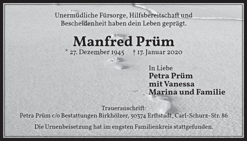  Traueranzeige für Manfred Prüm vom 12.02.2020 aus  Werbepost 