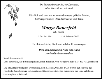 Anzeige von Marga Bauerfeld von Kölner Stadt-Anzeiger / Kölnische Rundschau / Express