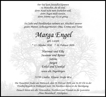 Anzeige von Marga Engel von Kölner Stadt-Anzeiger / Kölnische Rundschau / Express