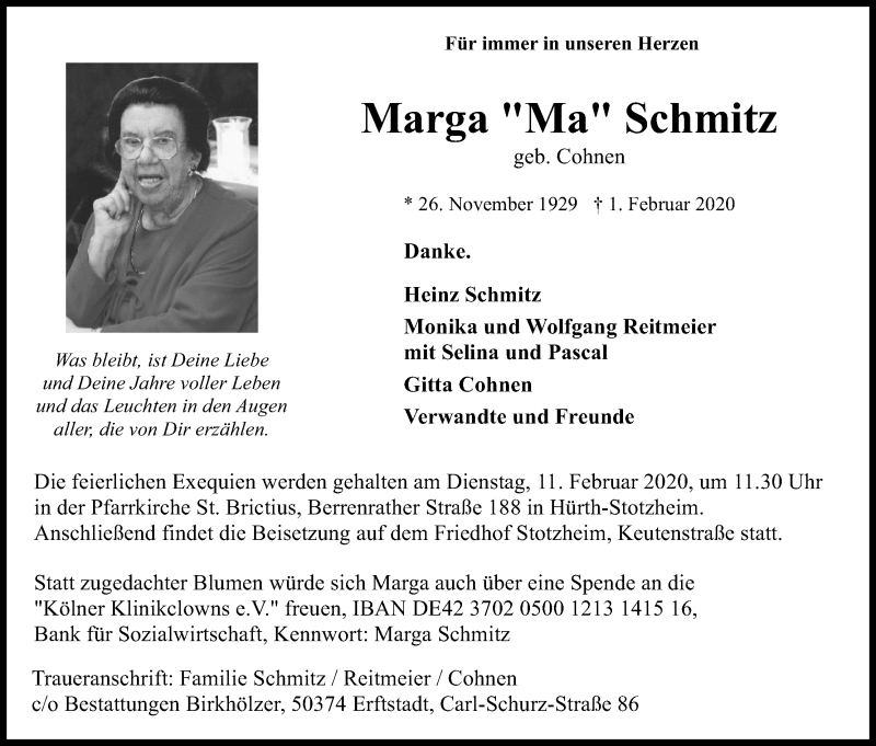  Traueranzeige für Marga Schmitz vom 06.02.2020 aus Kölner Stadt-Anzeiger / Kölnische Rundschau / Express