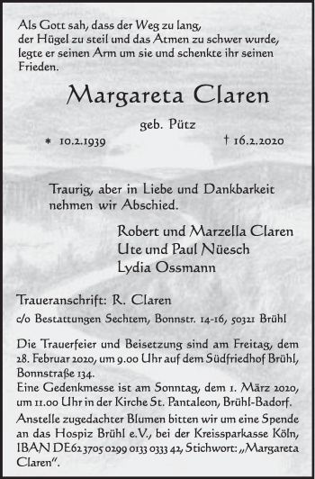 Anzeige von Margareta Claren von  Schlossbote/Werbekurier 