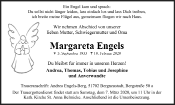 Anzeige von Margareta Engels von Kölner Stadt-Anzeiger / Kölnische Rundschau / Express