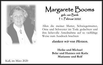 Anzeige von Margarete Booms von Kölner Stadt-Anzeiger / Kölnische Rundschau / Express