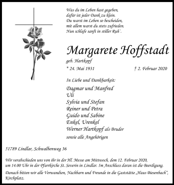 Anzeige von Margarete Hoffstadt von Kölner Stadt-Anzeiger / Kölnische Rundschau / Express