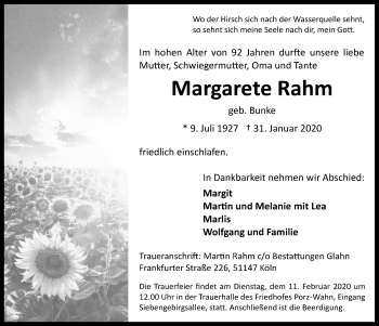 Anzeige von Margarete Rahm von  Kölner Wochenspiegel 