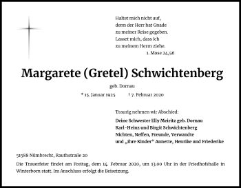 Anzeige von Margarete Schwichtenberg von Kölner Stadt-Anzeiger / Kölnische Rundschau / Express