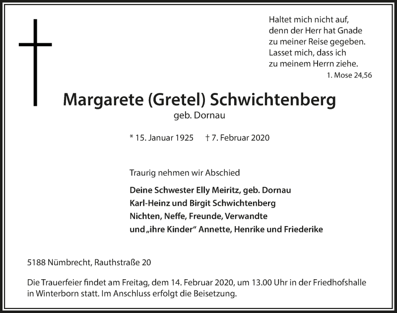  Traueranzeige für Margarete Schwichtenberg vom 12.02.2020 aus  Lokalanzeiger 
