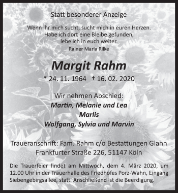 Anzeige von Margit Rahm von  Kölner Wochenspiegel 