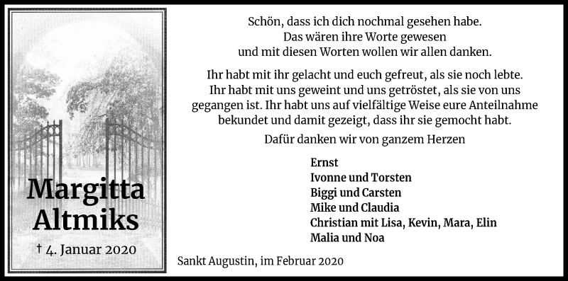  Traueranzeige für Margitta Altmiks vom 08.02.2020 aus Kölner Stadt-Anzeiger / Kölnische Rundschau / Express