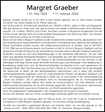 Anzeige von Margret Graeber von Kölner Stadt-Anzeiger / Kölnische Rundschau / Express