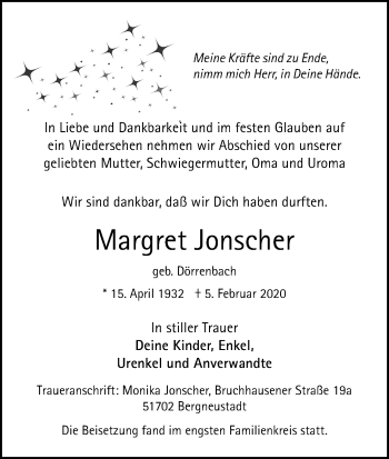 Anzeige von Margret Jonscher von Kölner Stadt-Anzeiger / Kölnische Rundschau / Express
