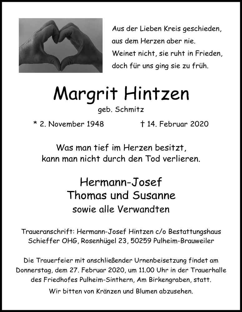  Traueranzeige für Margrit Hintzen vom 22.02.2020 aus Kölner Stadt-Anzeiger / Kölnische Rundschau / Express