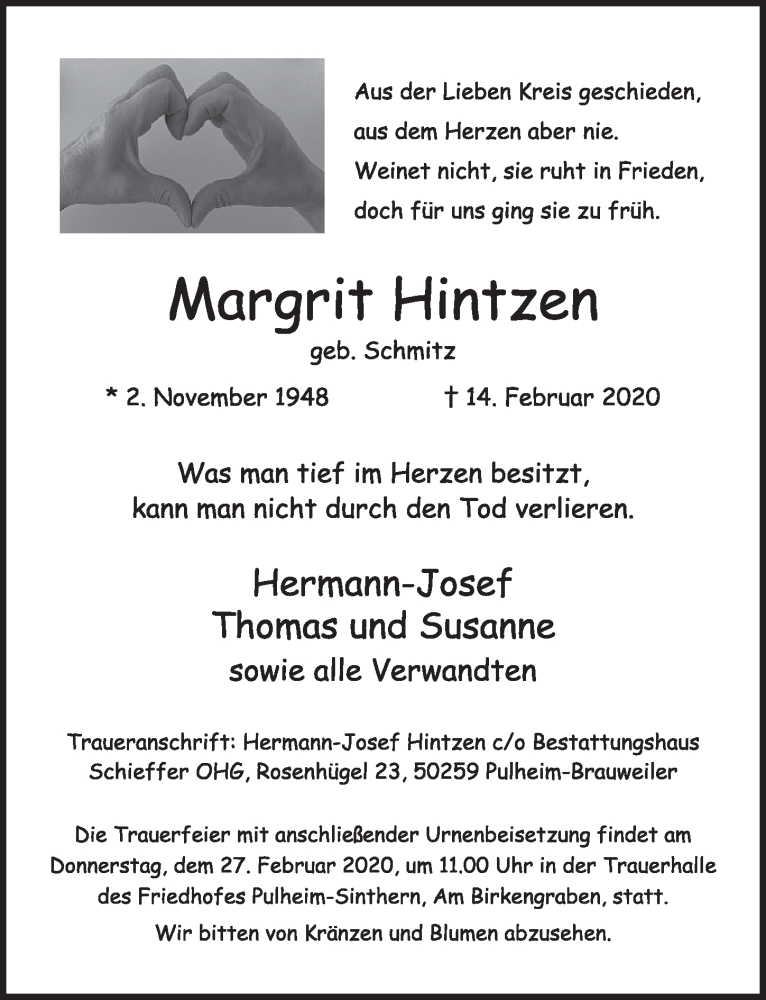  Traueranzeige für Margrit Hintzen vom 22.02.2020 aus  Sonntags-Post 