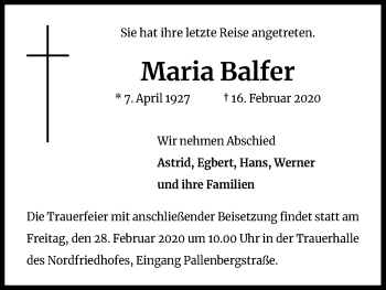 Anzeige von Maria Balfer von Kölner Stadt-Anzeiger / Kölnische Rundschau / Express