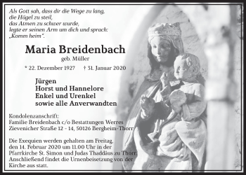 Anzeige von Maria Breidenbach von  Bergisches Sonntagsblatt  Sonntags-Post 