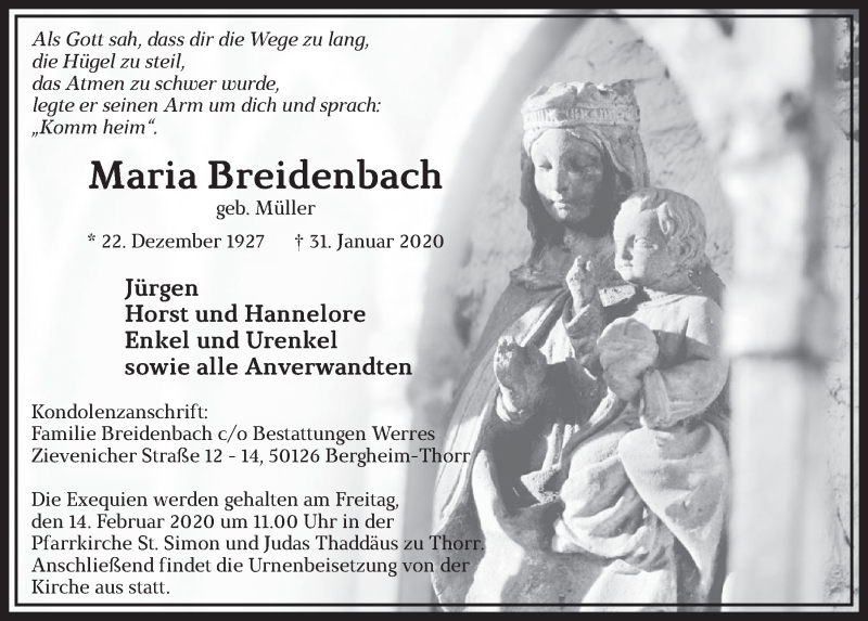  Traueranzeige für Maria Breidenbach vom 08.02.2020 aus  Bergisches Sonntagsblatt  Sonntags-Post 