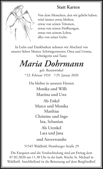 Anzeige von Maria Dohrmann von  Lokalanzeiger 