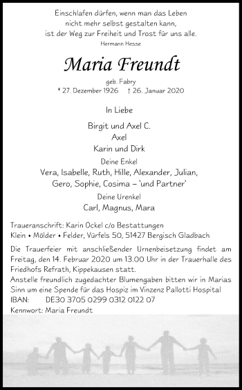 Anzeige von Maria Freundt von Kölner Stadt-Anzeiger / Kölnische Rundschau / Express