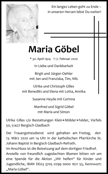 Anzeige von Maria Göbel von Kölner Stadt-Anzeiger / Kölnische Rundschau / Express