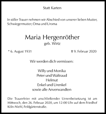 Anzeige von Maria Hergenröther von Kölner Stadt-Anzeiger / Kölnische Rundschau / Express