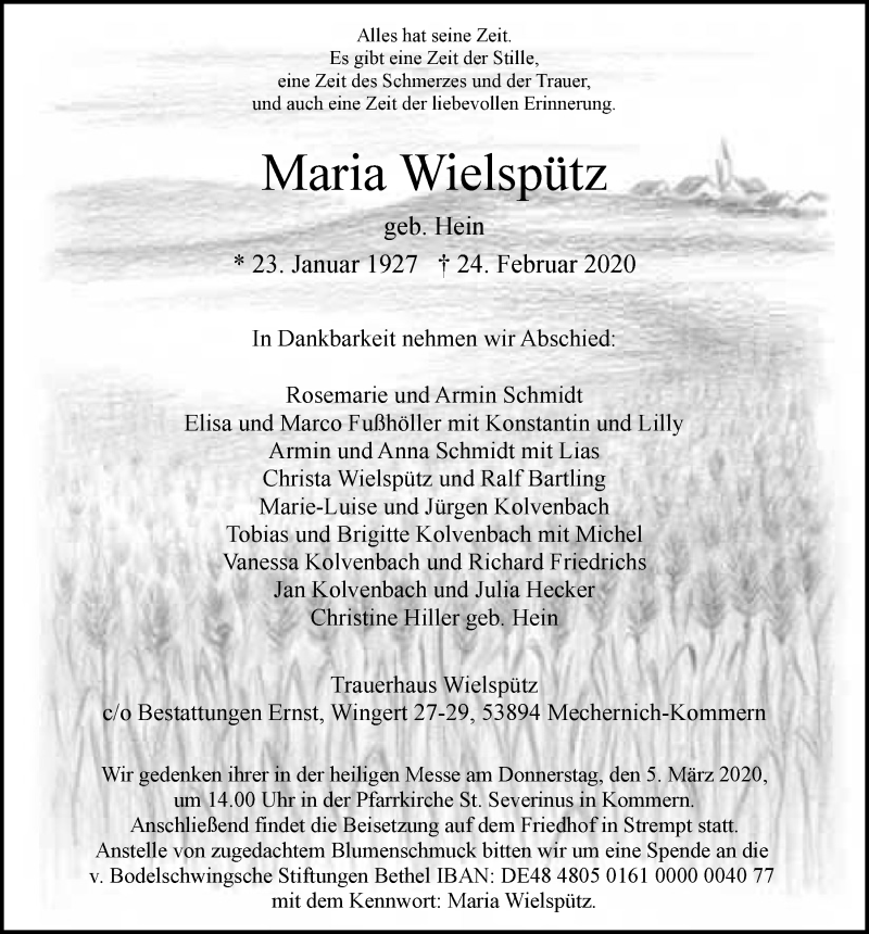  Traueranzeige für Maria Wielspütz vom 29.02.2020 aus  Blickpunkt Euskirchen 