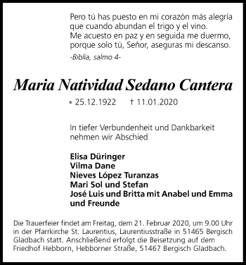 Anzeige von Maria Natividad Sedano Cantera von Kölner Stadt-Anzeiger / Kölnische Rundschau / Express