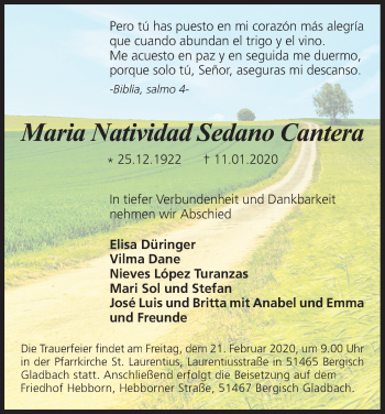 Anzeige von Maria Natividad Sedano Cantera von Kölner Stadt-Anzeiger / Kölnische Rundschau / Express