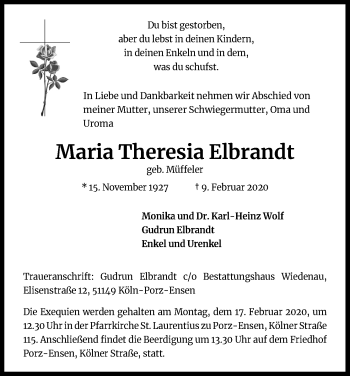 Anzeige von Maria Theresia Elbrandt von Kölner Stadt-Anzeiger / Kölnische Rundschau / Express