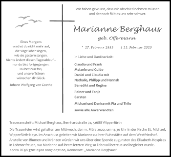 Anzeige von Marianne Berghaus von Kölner Stadt-Anzeiger / Kölnische Rundschau / Express