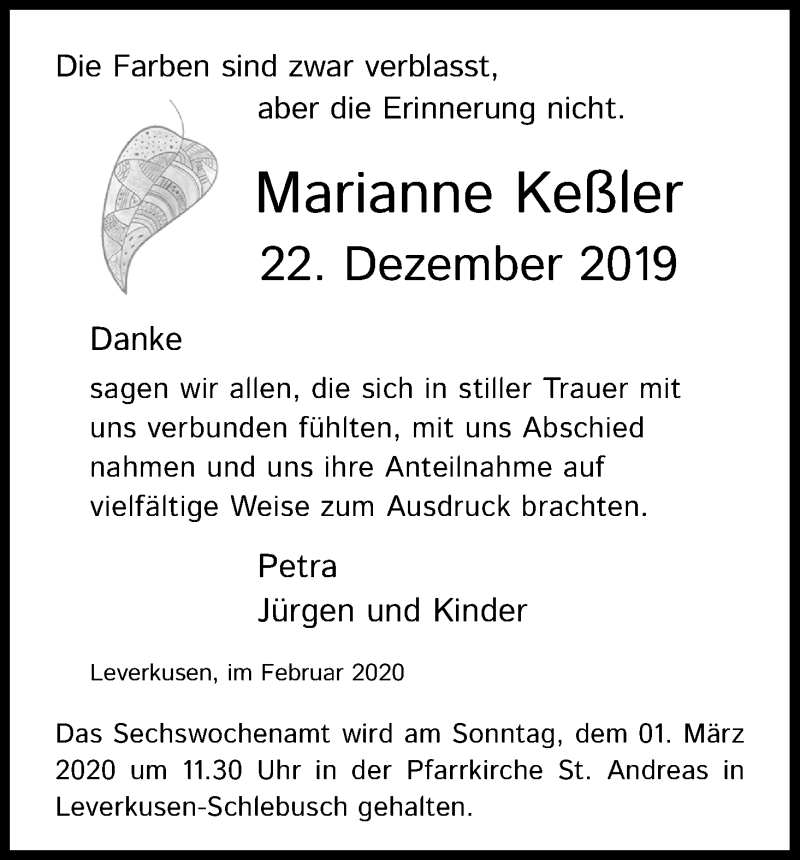  Traueranzeige für Marianne Keßler vom 15.02.2020 aus Kölner Stadt-Anzeiger / Kölnische Rundschau / Express