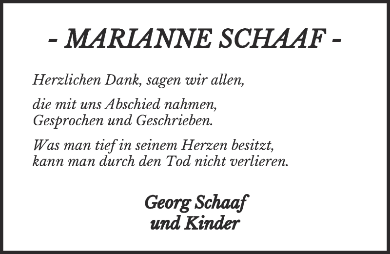  Traueranzeige für Marianne Schaaf vom 26.02.2020 aus  Kölner Wochenspiegel 