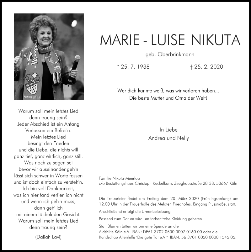  Traueranzeige für Marie-Luise Nikuta vom 29.02.2020 aus Kölner Stadt-Anzeiger / Kölnische Rundschau / Express