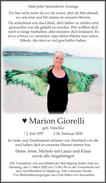 Anzeige von Marion Giorelli von Kölner Stadt-Anzeiger / Kölnische Rundschau / Express