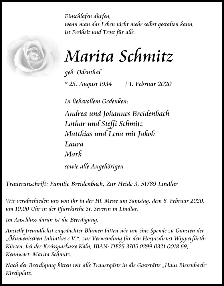  Traueranzeige für Marita Schmitz vom 05.02.2020 aus Kölner Stadt-Anzeiger / Kölnische Rundschau / Express