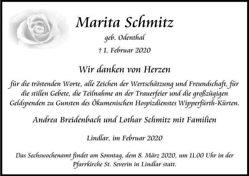  Traueranzeige für Marita Schmitz vom 29.02.2020 aus Kölner Stadt-Anzeiger / Kölnische Rundschau / Express