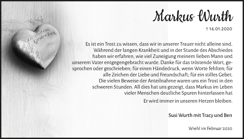  Traueranzeige für Markus Wurth vom 26.02.2020 aus  Anzeigen Echo 