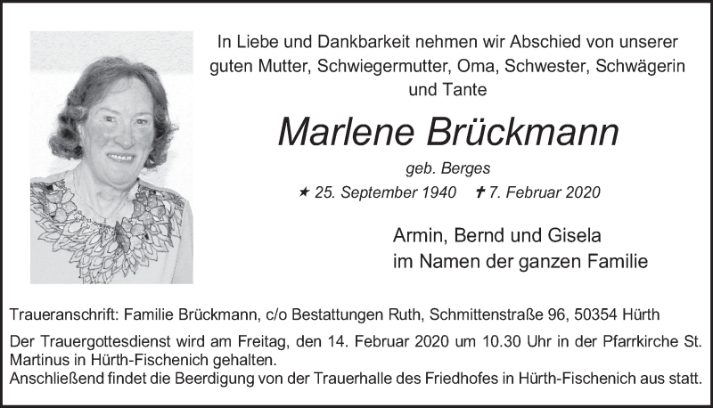  Traueranzeige für Marlene Brückmann vom 12.02.2020 aus  Wochenende 