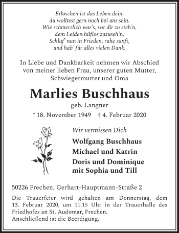 Anzeige von Marlies Buschhaus von  Sonntags-Post 
