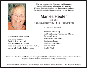 Anzeige von Marlies Reuter von Kölner Stadt-Anzeiger / Kölnische Rundschau / Express