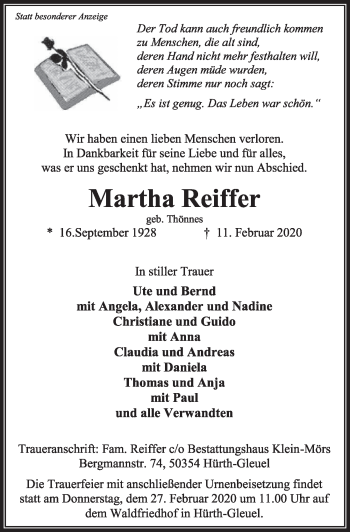 Anzeige von Martha Reiffer von  Sonntags-Post 