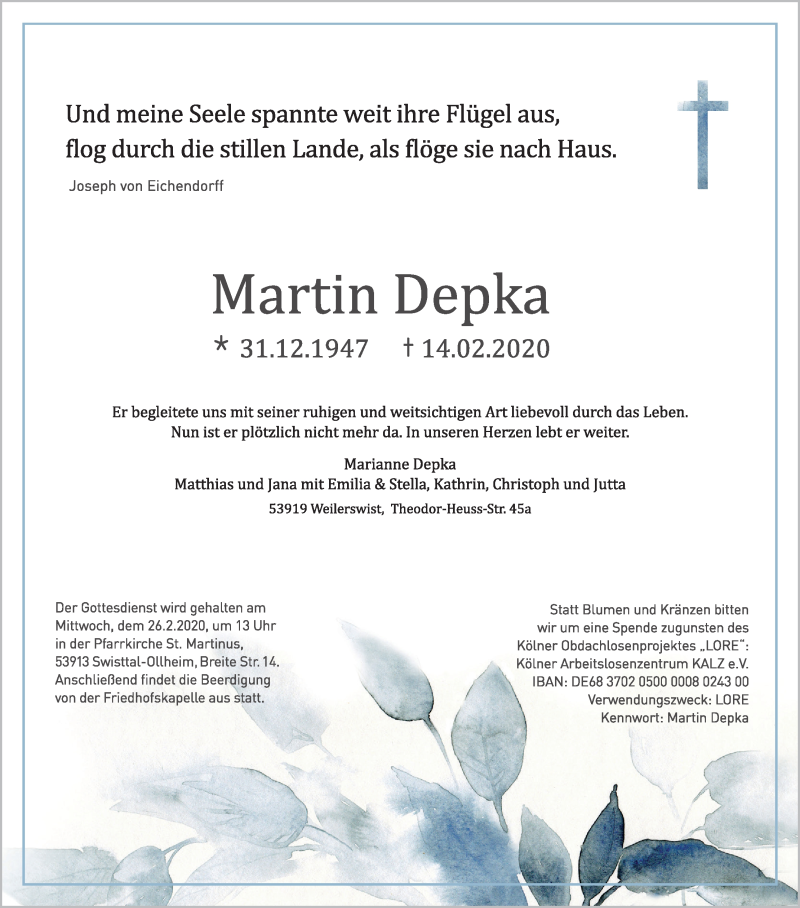  Traueranzeige für Martin Depka vom 22.02.2020 aus Kölner Stadt-Anzeiger / Kölnische Rundschau / Express