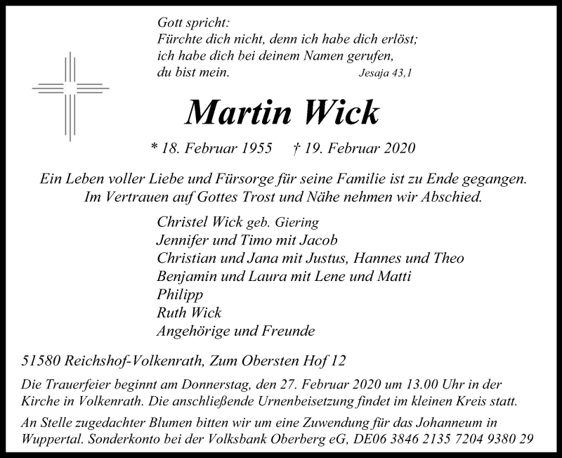  Traueranzeige für Martin Wick vom 25.02.2020 aus Kölner Stadt-Anzeiger / Kölnische Rundschau / Express