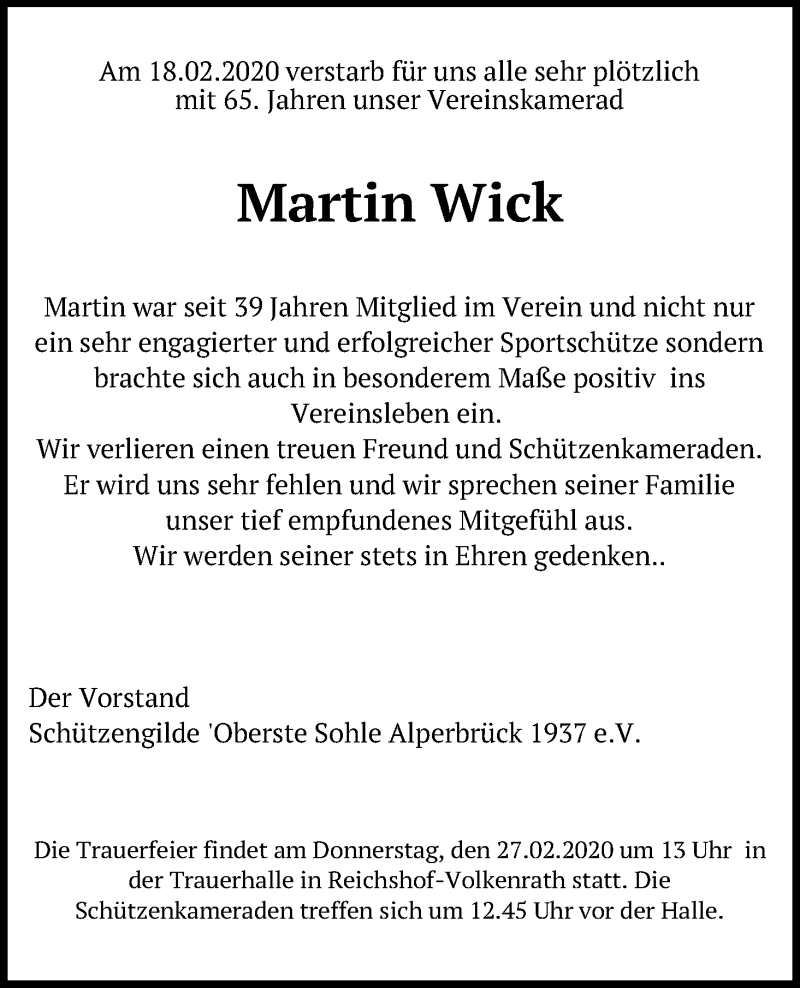  Traueranzeige für Martin Wick vom 25.02.2020 aus Kölner Stadt-Anzeiger / Kölnische Rundschau / Express