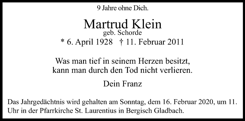  Traueranzeige für Martrud Klein vom 08.02.2020 aus Kölner Stadt-Anzeiger / Kölnische Rundschau / Express