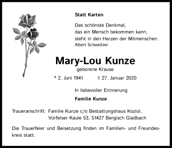 Anzeige von Mary-Lou Kunze von Kölner Stadt-Anzeiger / Kölnische Rundschau / Express